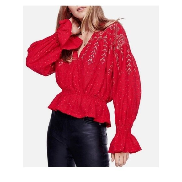Free People Tops - Free People Womens Shirt Counting Stars Peasant Top Sz Medium Red Gold Cotton